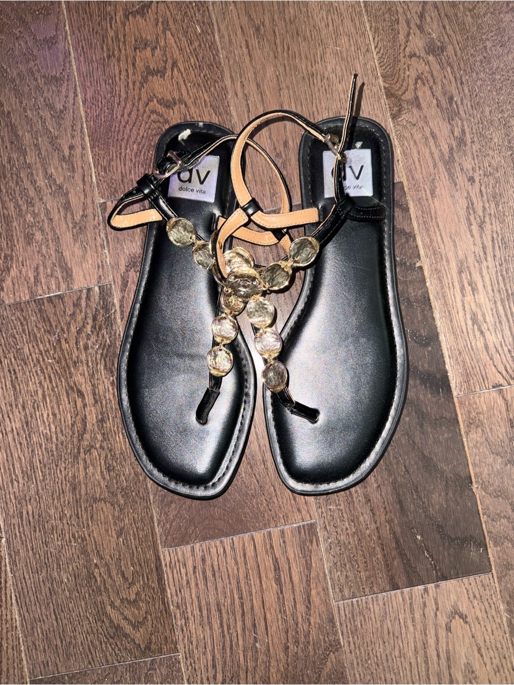 Dolce Vita Black T-Strap Sandals with Gold Jewel Accents